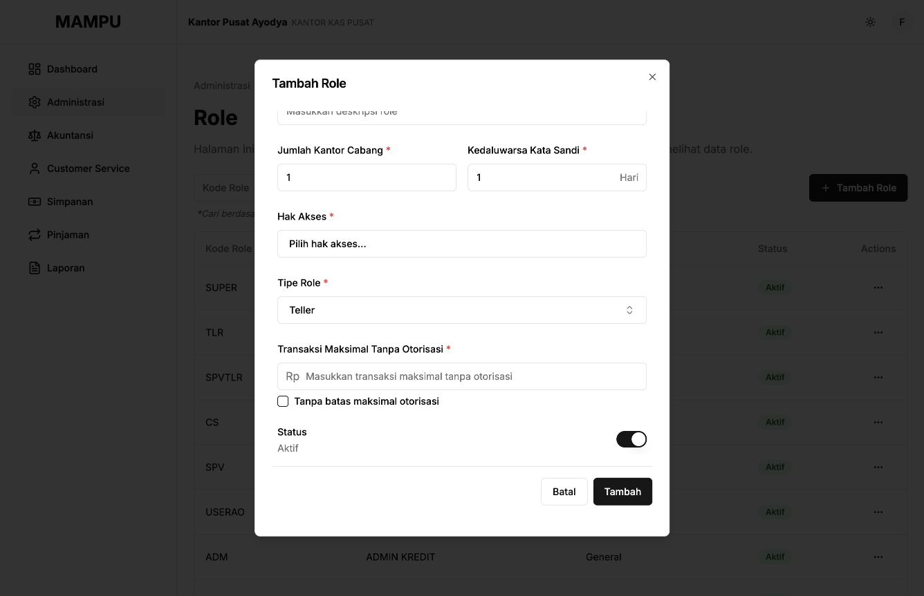 New teller role form showing access, transaction limit, and bypass controls
