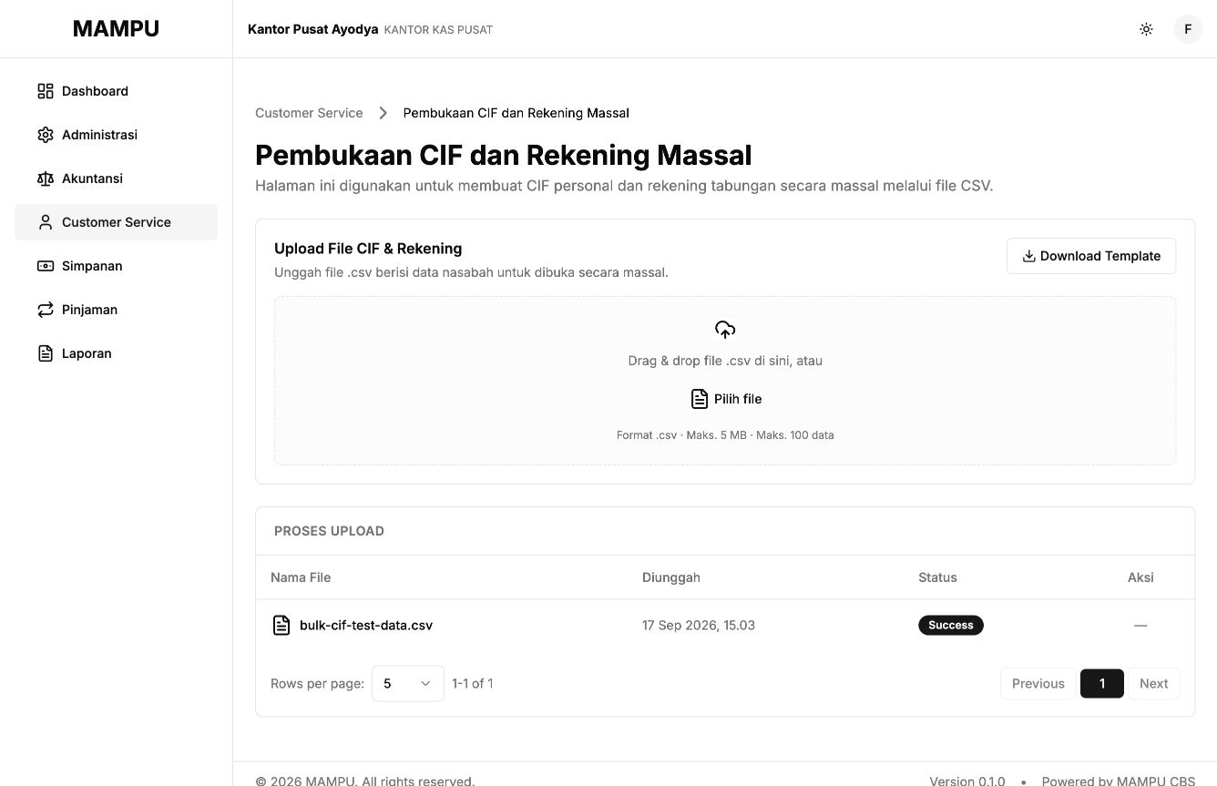 Bulk-onboarding page with CSV template, upload control, and batch status table