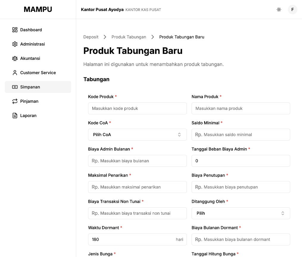 Blank savings-product form showing identity, balance, charge, and dormancy settings