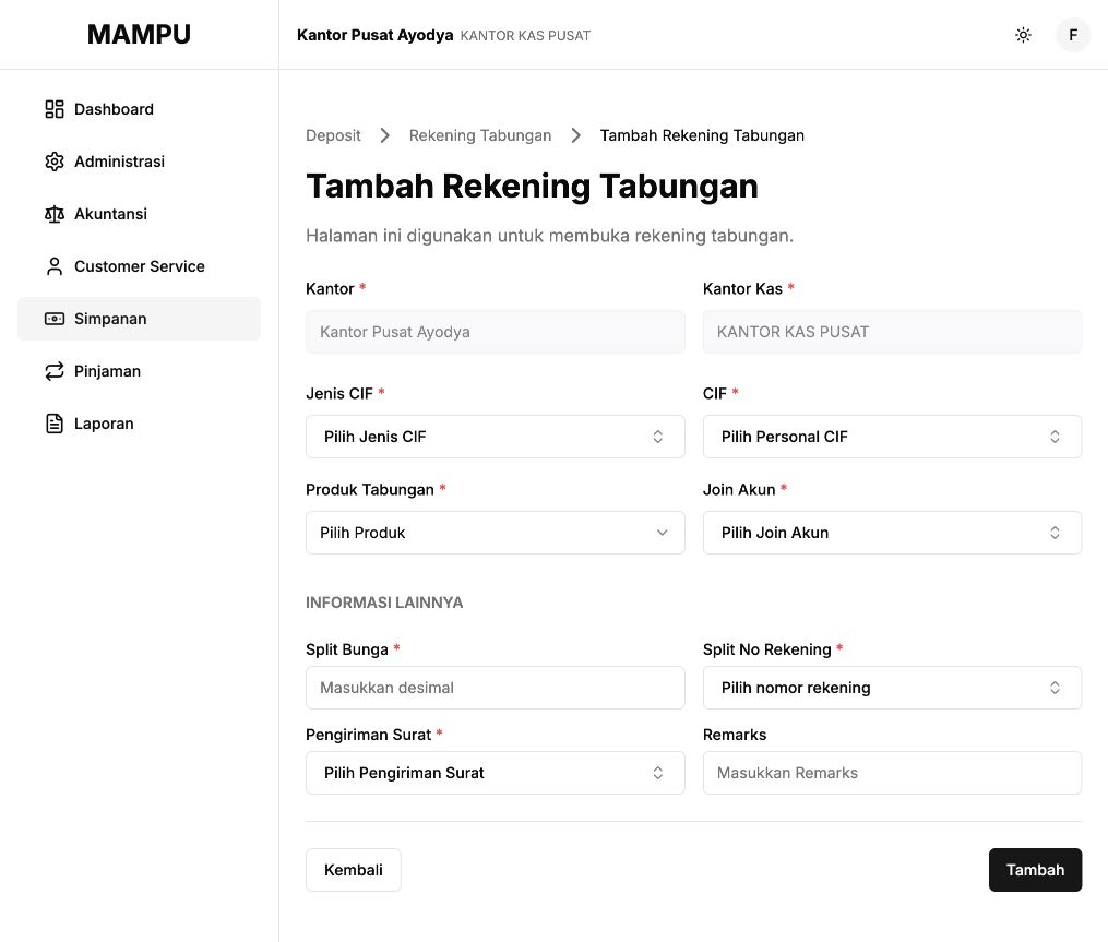 Blank savings-account form with office context and customer and product selectors
