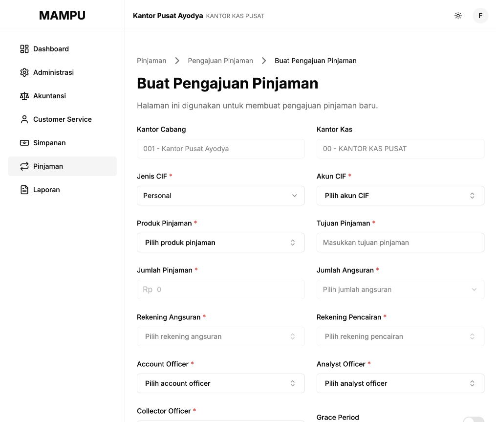 Blank loan application form with customer, product, amount, installment, and account fields