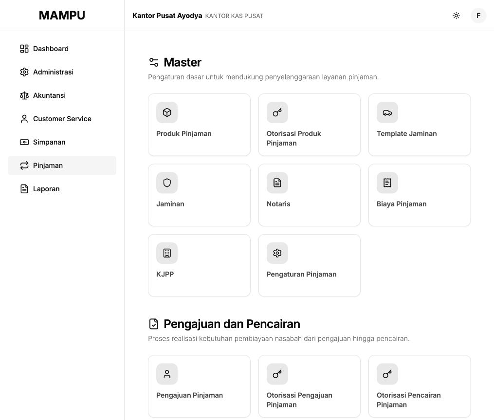 Lending navigation showing master data and application/disbursement menus
