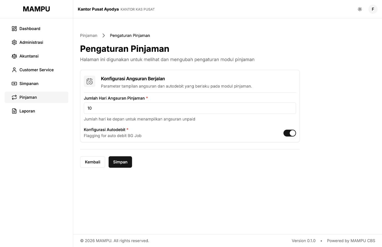 Loan settings showing the automatic-debit configuration switch