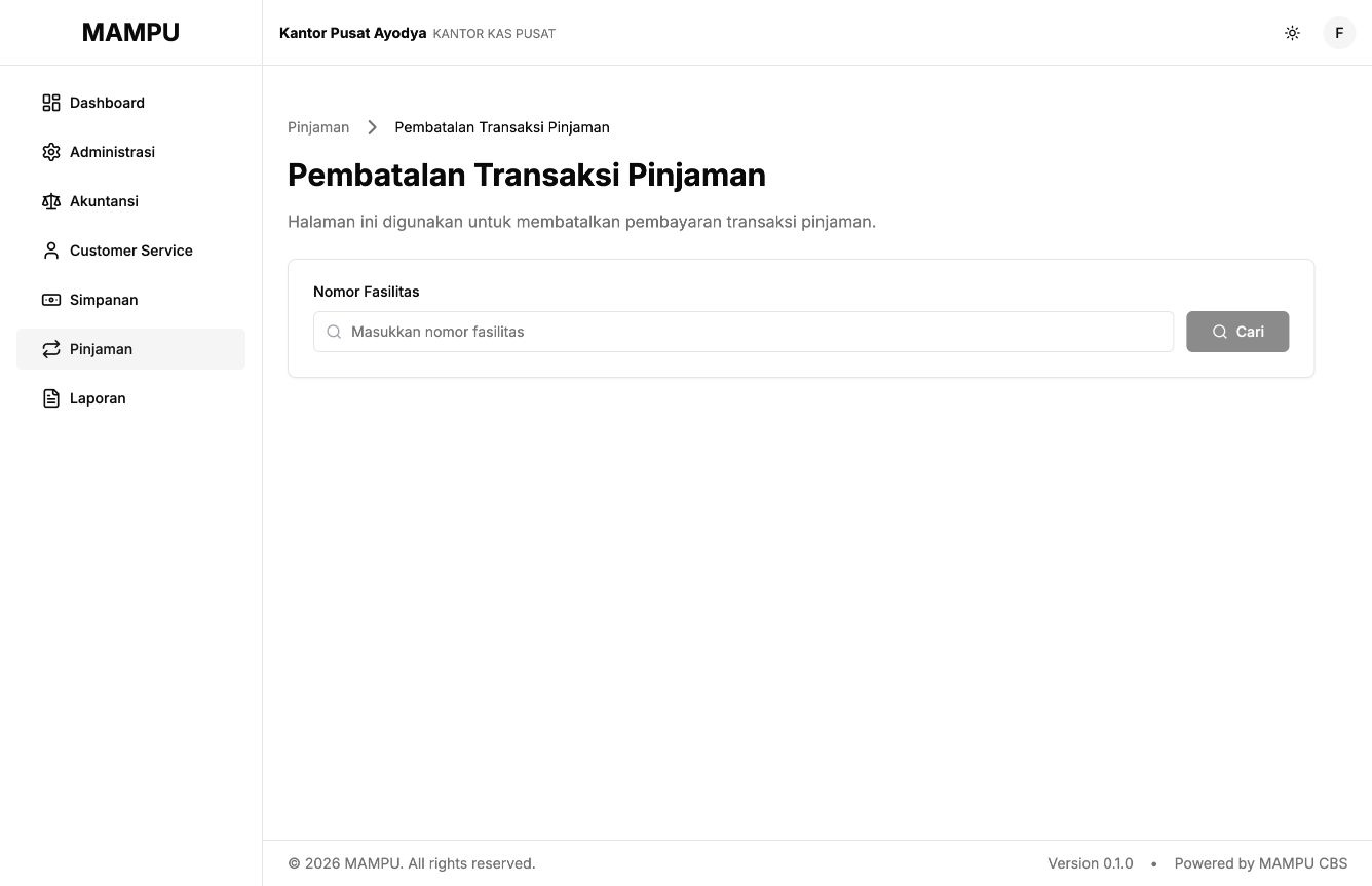 Blank repayment-cancellation search with Nomor Fasilitas and Cari