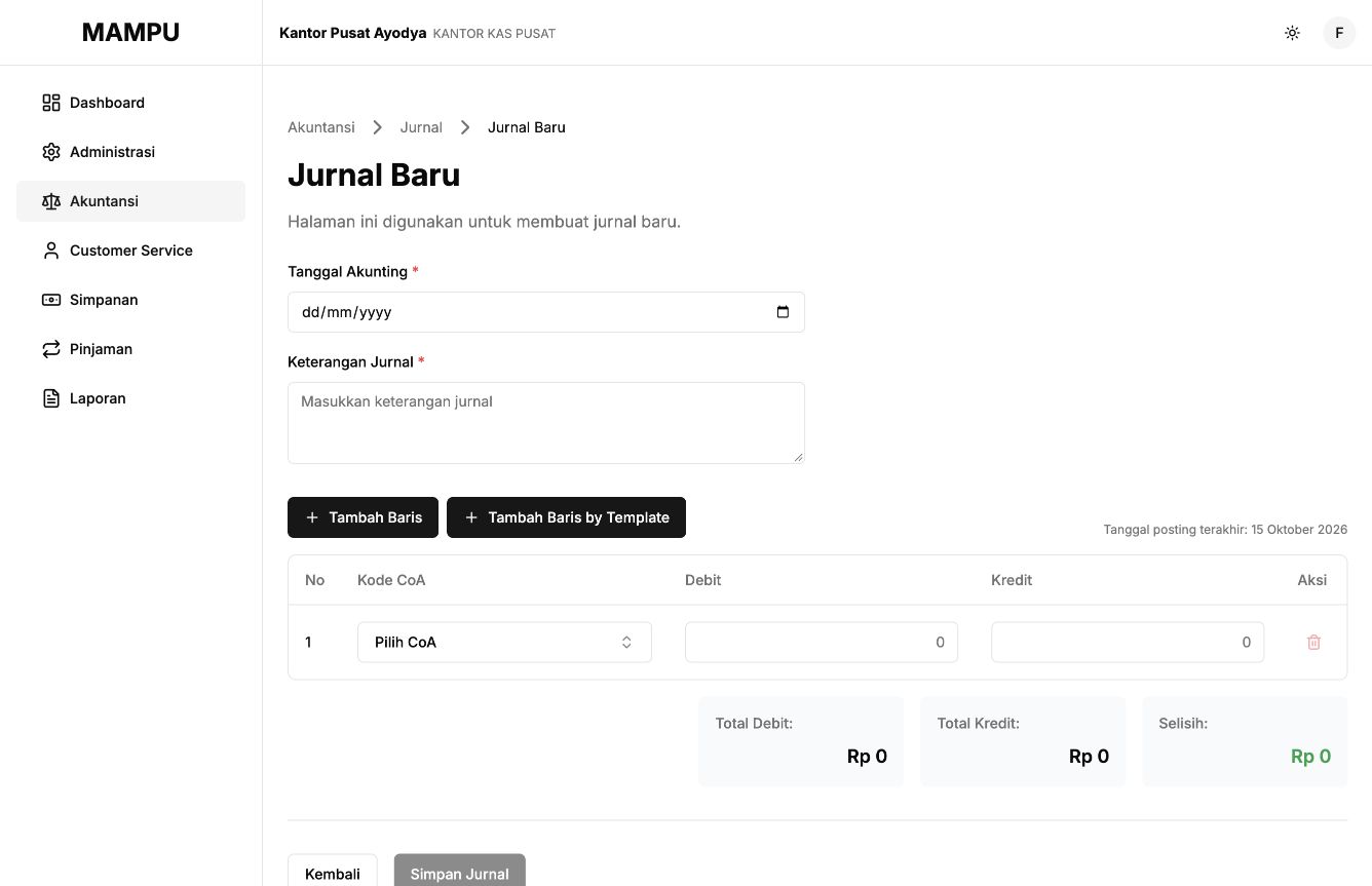 Blank Jurnal Baru form with accounting date, explanation, journal rows, and totals