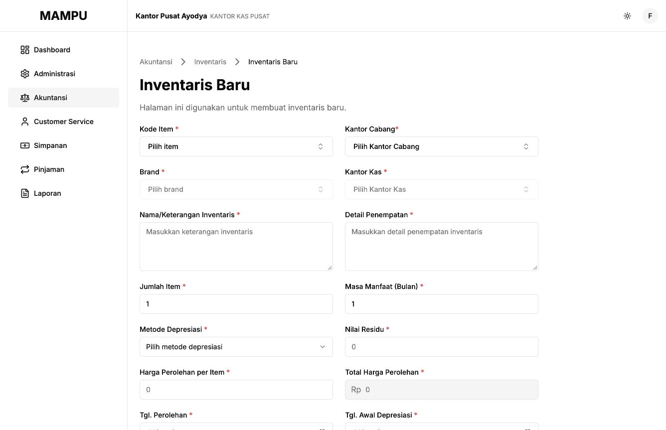 Blank Inventaris Baru form showing item, office, placement, quantity, and depreciation inputs