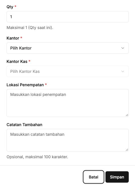 Quantity, destination office, placement, and notes fields in the inventory movement form