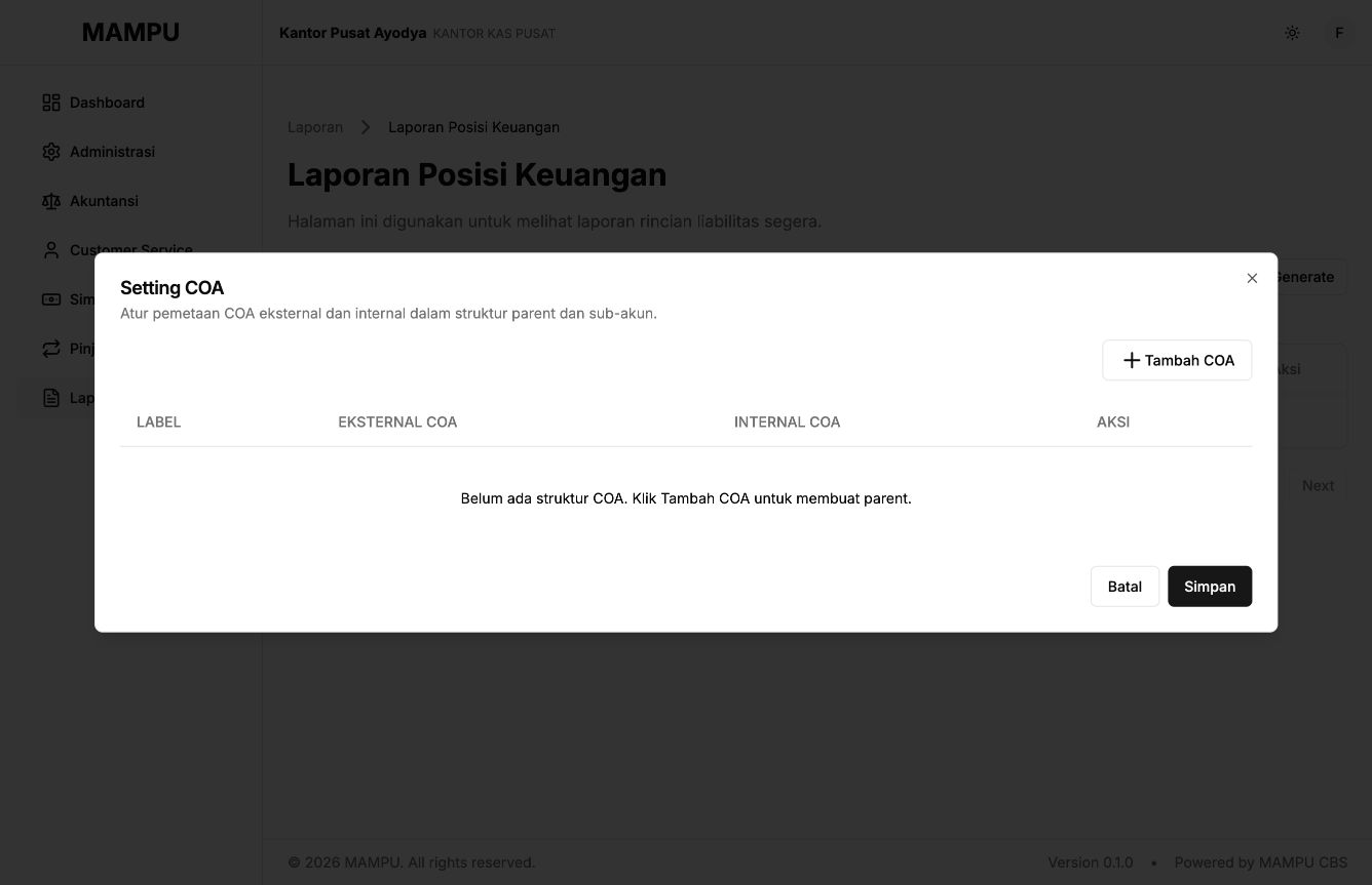 Empty Setting COA editor on Laporan Posisi Keuangan with parent and child mapping columns
