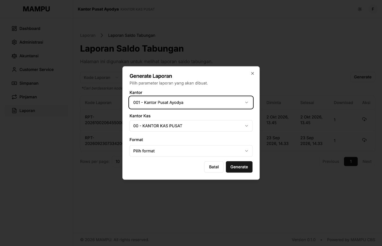 Generate Laporan dialog for savings balances with office, cash office, and format selections